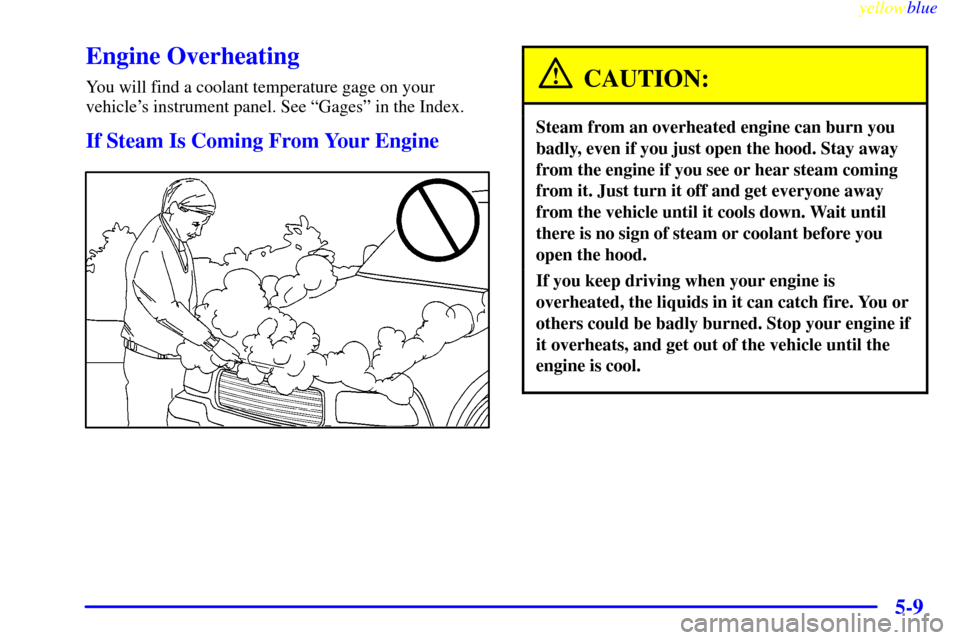 CHEVROLET S10 1999 2.G Owners Manual yellowblue     
5-9
Engine Overheating
You will find a coolant temperature gage on your
vehicles instrument panel. See ªGagesº in the Index.
If Steam Is Coming From Your Engine
CAUTION:
Steam from 