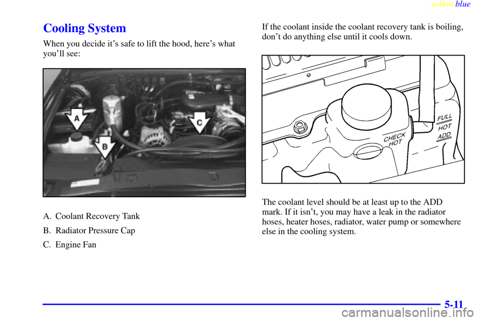 CHEVROLET S10 1999 2.G Owners Manual yellowblue     
5-11
Cooling System
When you decide its safe to lift the hood, heres what
youll see:
A. Coolant Recovery Tank
B. Radiator Pressure Cap
C. Engine FanIf the coolant inside the coolant