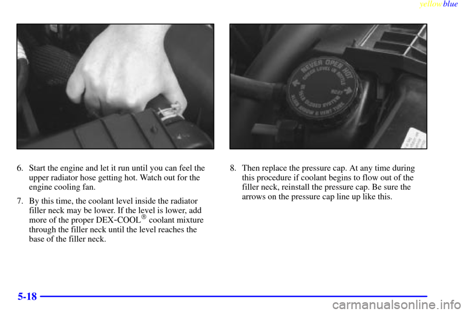 CHEVROLET S10 1999 2.G Owners Manual yellowblue     
5-18
6. Start the engine and let it run until you can feel the
upper radiator hose getting hot. Watch out for the
engine cooling fan.
7. By this time, the coolant level inside the radi