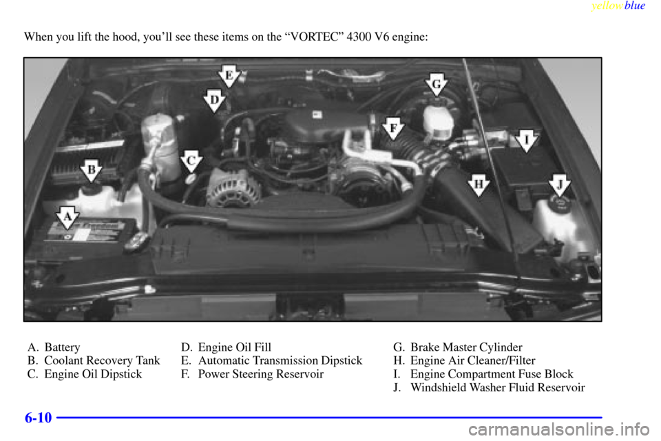 CHEVROLET S10 1999 2.G Owners Manual yellowblue     
6-10
When you lift the hood, youll see these items on the ªVORTECº 4300 V6 engine:
A. Battery
B. Coolant Recovery Tank
C. Engine Oil DipstickD. Engine Oil Fill
E. Automatic Transmis