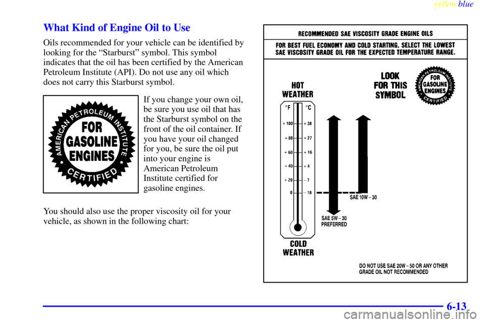 CHEVROLET S10 1999 2.G Owners Manual yellowblue     
6-13 What Kind of Engine Oil to Use
Oils recommended for your vehicle can be identified by
looking for the ªStarburstº symbol. This symbol
indicates that the oil has been certified b