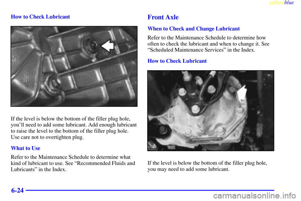 CHEVROLET S10 1999 2.G Owners Manual yellowblue     
6-24
How to Check Lubricant
If the level is below the bottom of the filler plug hole,
youll need to add some lubricant. Add enough lubricant
to raise the level to the bottom of the fi