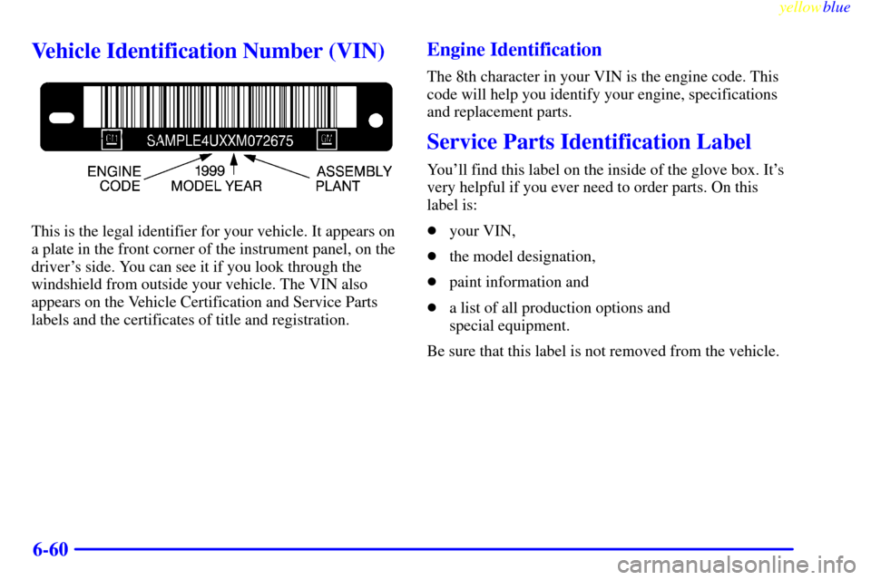 CHEVROLET S10 1999 2.G Owners Manual yellowblue     
6-60
Vehicle Identification Number (VIN)
X±06±0608±X
This is the legal identifier for your vehicle. It appears on
a plate in the front corner of the instrument panel, on the
driver