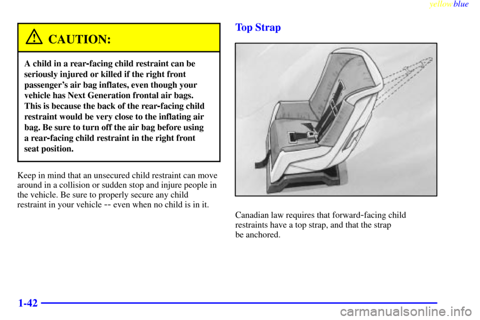 CHEVROLET S10 1999 2.G Service Manual yellowblue     
1-42
CAUTION:
A child in a rear-facing child restraint can be
seriously injured or killed if the right front
passengers air bag inflates, even though your
vehicle has Next Generation 