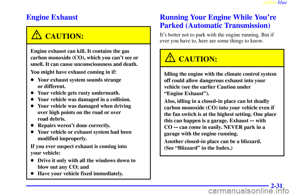 CHEVROLET S10 1999 2.G User Guide yellowblue     
2-31
Engine Exhaust
CAUTION:
Engine exhaust can kill. It contains the gas
carbon monoxide (CO), which you cant see or
smell. It can cause unconsciousness and death.
You might have exh