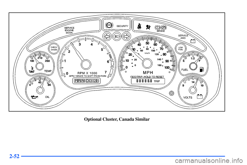 CHEVROLET S10 2000 2.G Owners Manual 2-52
Optional Cluster, Canada Similar CHEVROLET S10 2000 2.G Owners Manual 2-52
Optional Cluster, Canada Similar