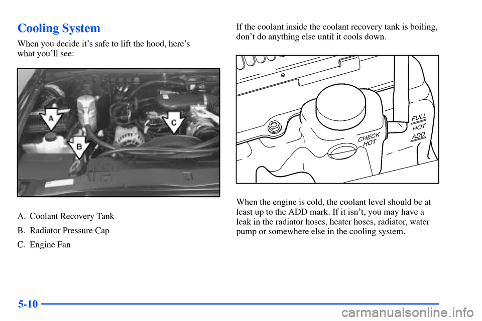 CHEVROLET S10 2000 2.G Owners Manual 5-10
Cooling System
When you decide its safe to lift the hood, heres 
what youll see:
A. Coolant Recovery Tank
B. Radiator Pressure Cap
C. Engine FanIf the coolant inside the coolant recovery tank 