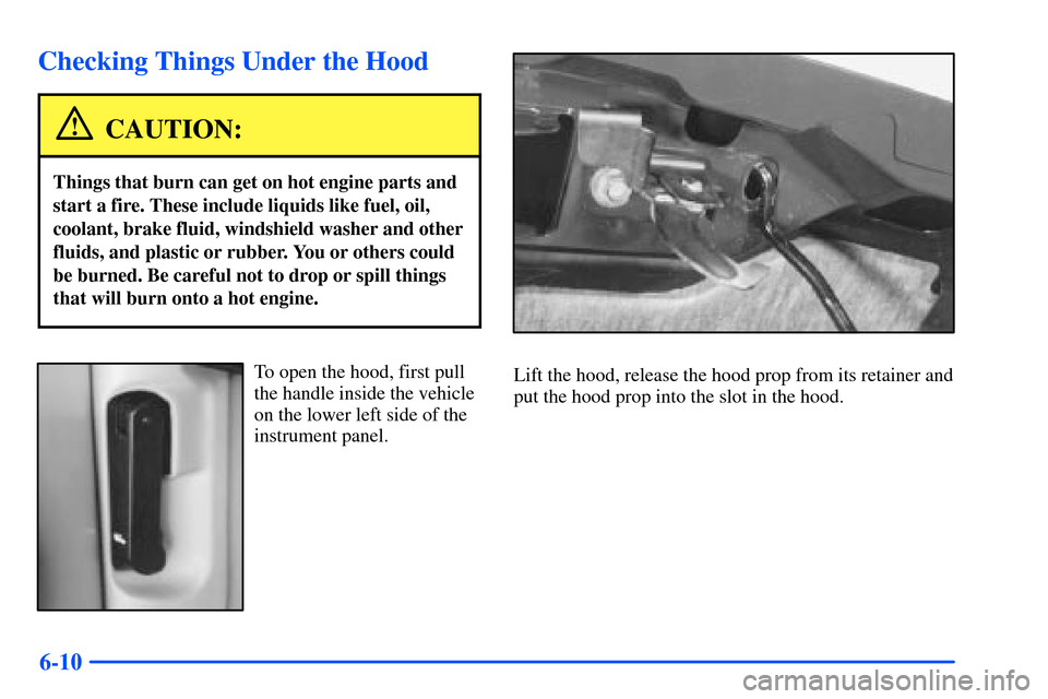 CHEVROLET S10 2000 2.G Owners Manual 6-10
Checking Things Under the Hood
CAUTION:
Things that burn can get on hot engine parts and
start a fire. These include liquids like fuel, oil,
coolant, brake fluid, windshield washer and other
flui