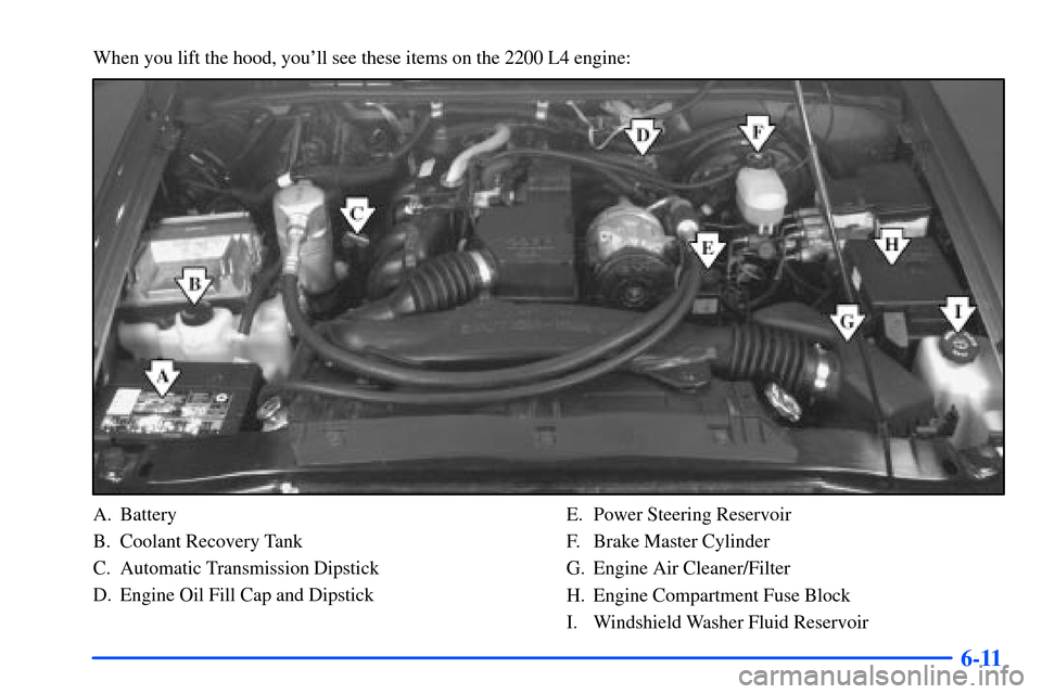 CHEVROLET S10 2000 2.G Owners Manual 6-11
When you lift the hood, youll see these items on the 2200 L4 engine:
A. Battery
B. Coolant Recovery Tank
C. Automatic Transmission Dipstick
D. Engine Oil Fill Cap and DipstickE. Power Steering R