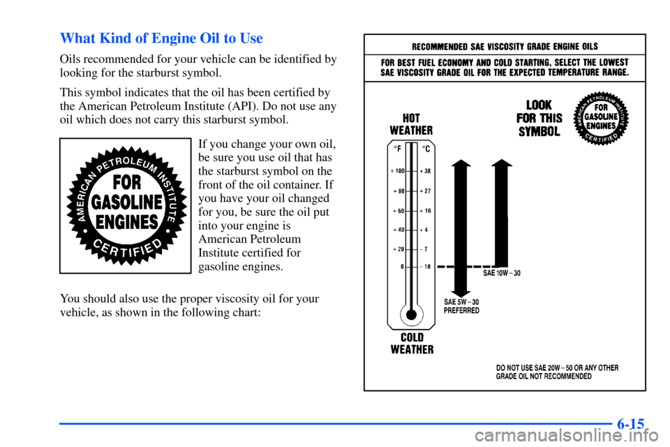 CHEVROLET S10 2000 2.G Owners Manual 6-15 What Kind of Engine Oil to Use
Oils recommended for your vehicle can be identified by
looking for the starburst symbol.
This symbol indicates that the oil has been certified by
the American Petro