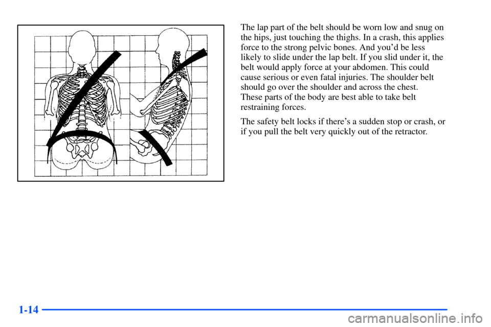 CHEVROLET S10 2000 2.G Owners Manual 1-14
The lap part of the belt should be worn low and snug on
the hips, just touching the thighs. In a crash, this applies
force to the strong pelvic bones. And youd be less
likely to slide under the 