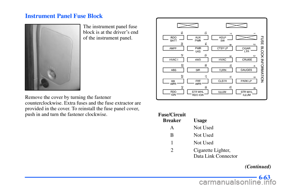 CHEVROLET S10 2000 2.G Owners Manual 6-63 Instrument Panel Fuse Block
The instrument panel fuse
block is at the drivers end
of the instrument panel.
Remove the cover by turning the fastener
counterclockwise. Extra fuses and the fuse ext CHEVROLET S10 2000 2.G Owners Manual 6-63 Instrument Panel Fuse Block
The instrument panel fuse
block is at the drivers end
of the instrument panel.
Remove the cover by turning the fastener
counterclockwise. Extra fuses and the fuse ext