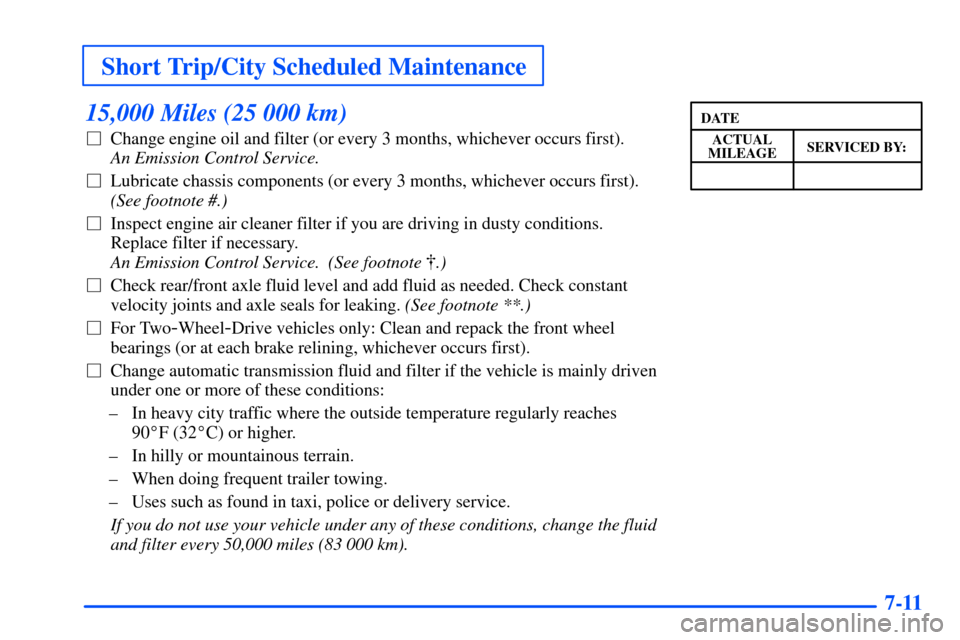 CHEVROLET S10 2000 2.G Owners Manual Short Trip/City Scheduled Maintenance
7-11
15,000 Miles (25 000 km)
Change engine oil and filter (or every 3 months, whichever occurs first). 
An Emission Control Service. 
Lubricate chassis compone