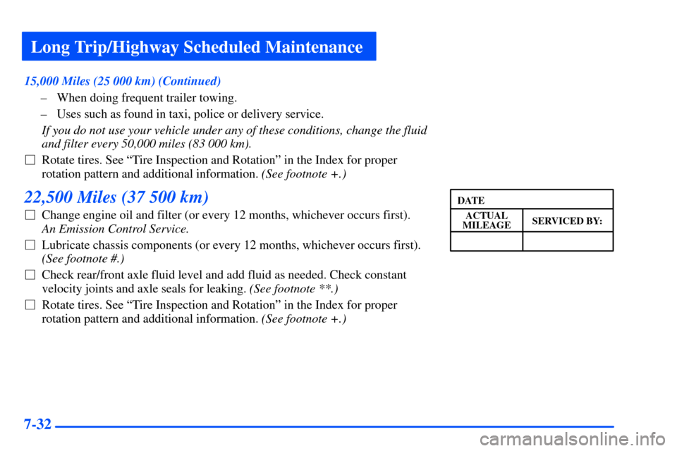 CHEVROLET S10 2000 2.G Owners Manual Long Trip/Highway Scheduled Maintenance
7-32
15,000 Miles (25 000 km) (Continued)
± When doing frequent trailer towing.
± Uses such as found in taxi, police or delivery service.
If you do not use yo
