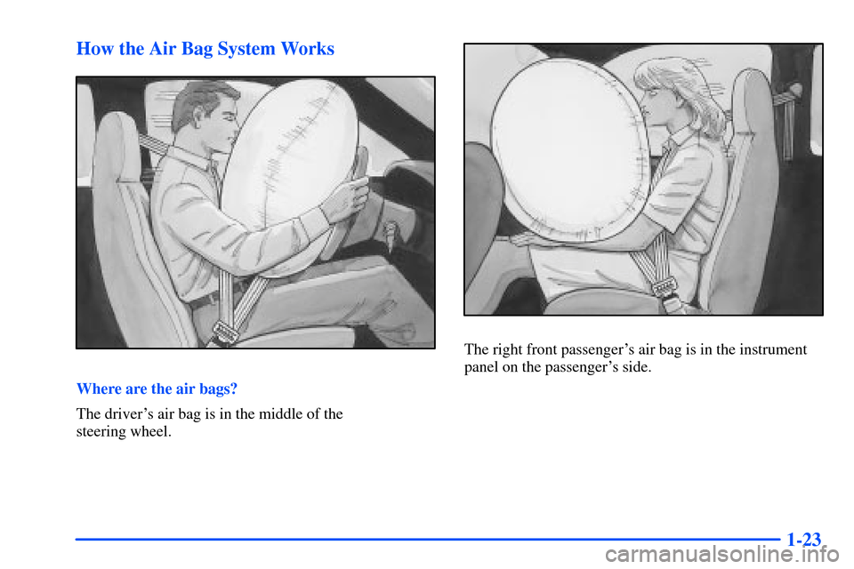 CHEVROLET S10 2000 2.G Owners Guide 1-23 How the Air Bag System Works
Where are the air bags?
The drivers air bag is in the middle of the 
steering wheel.
The right front passengers air bag is in the instrument
panel on the passenger