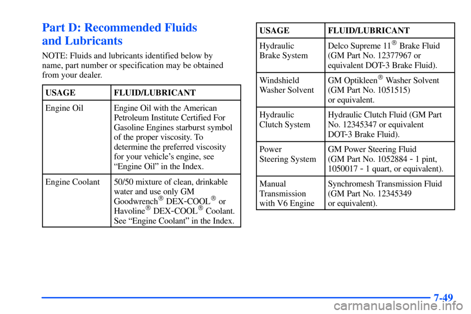 CHEVROLET S10 2000 2.G Owners Manual 7-49
Part D: Recommended Fluids 
and Lubricants
NOTE: Fluids and lubricants identified below by 
name, part number or specification may be obtained
from your dealer.
USAGE
FLUID/LUBRICANT
Engine OilEn