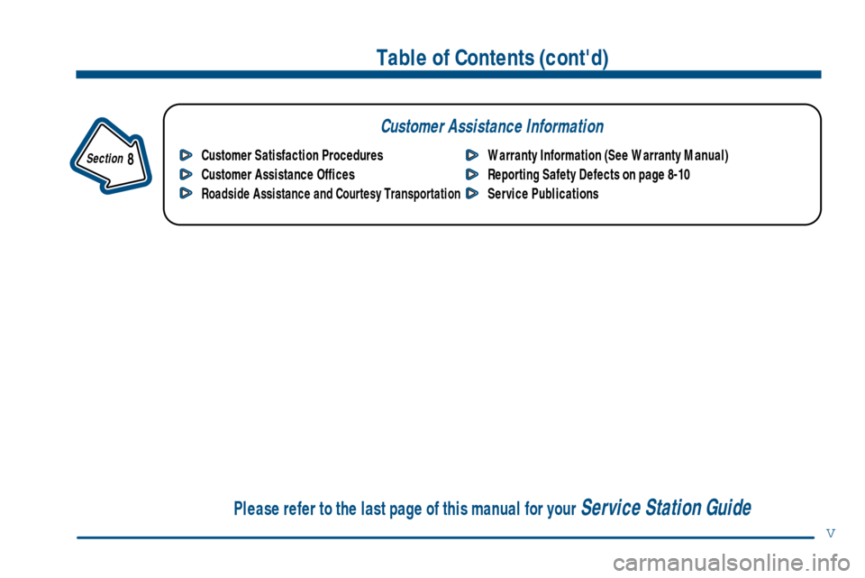 CHEVROLET S10 2000 2.G Owners Manual Table of Contents (contd)
Customer Assistance Information
In the Index you will find an alphabetical listing of almost every subject in this manual. 
 You can use it to quickly find something you wan