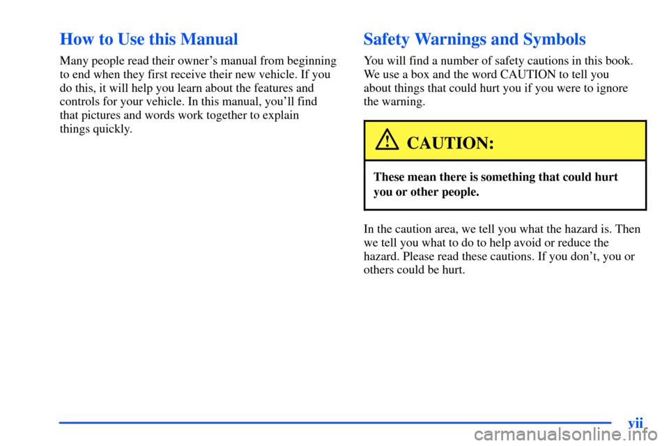 CHEVROLET S10 2000 2.G Owners Manual vii
CAUTION:
These mean there is something that could hurt
In the caution area, we tell you what the hazard is. Then 