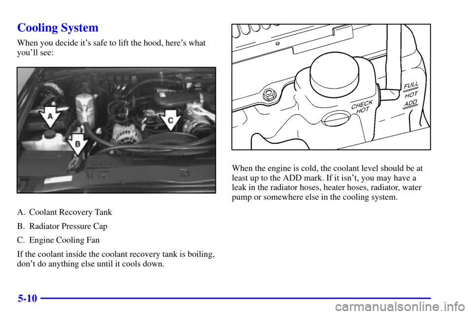 CHEVROLET S10 2001 2.G Owners Manual 5-10
Cooling System
When you decide its safe to lift the hood, heres what
youll see:
A. Coolant Recovery Tank
B. Radiator Pressure Cap
C. Engine Cooling Fan
If the coolant inside the coolant recove