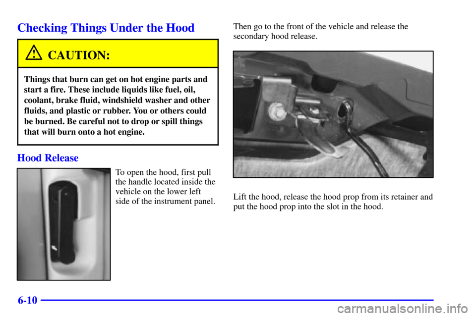 CHEVROLET S10 2001 2.G Owners Manual 6-10
Checking Things Under the Hood
CAUTION:
Things that burn can get on hot engine parts and
start a fire. These include liquids like fuel, oil,
coolant, brake fluid, windshield washer and other
flui