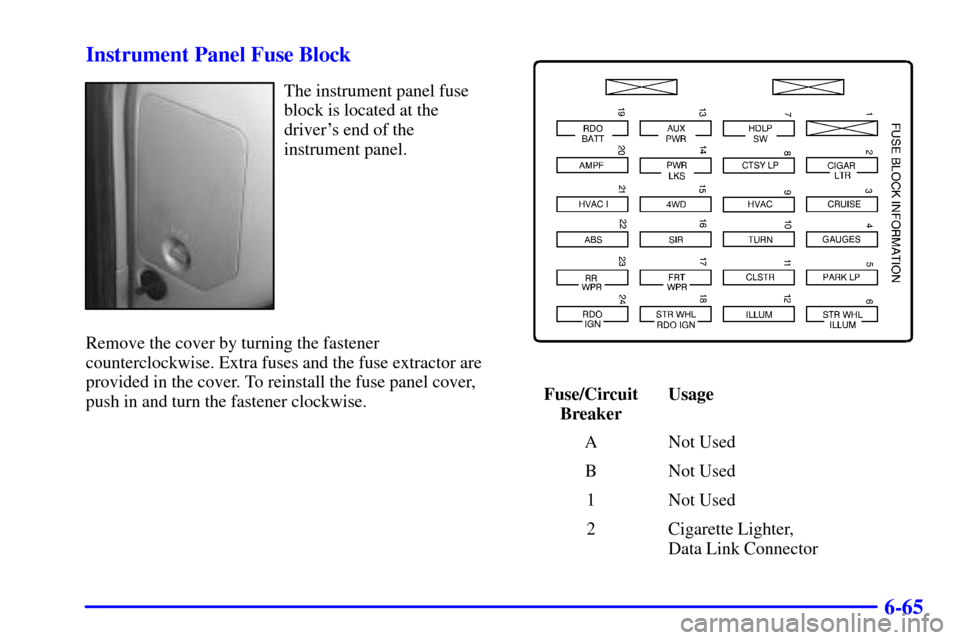 CHEVROLET S10 2001 2.G Owners Manual 6-65 Instrument Panel Fuse Block
The instrument panel fuse
block is located at the
drivers end of the
instrument panel.
Remove the cover by turning the fastener
counterclockwise. Extra fuses and the 
