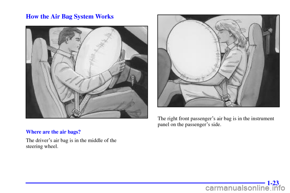 CHEVROLET S10 2001 2.G Owners Guide 1-23 How the Air Bag System Works
Where are the air bags?
The drivers air bag is in the middle of the 
steering wheel.
The right front passengers air bag is in the instrument
panel on the passenger