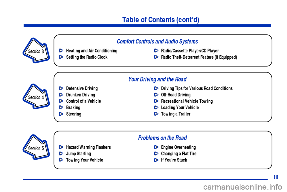 CHEVROLET S10 2001 2.G Owners Manual Table of Contents (contd)
Defensive Driving
Drunken Driving
Control of a Vehicle
Braking
SteeringDriving Tips for Various Road Conditions
Off-Road Driving
Recreational Vehicle Towing
Loading Your Veh