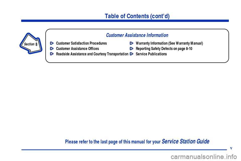 CHEVROLET S10 2001 2.G Owners Manual Table of Contents (contd)
Customer Assistance Information
In the Index you will find an alphabetical listing of almost every subject in this manual. 
 You can use it to quickly find something you wan