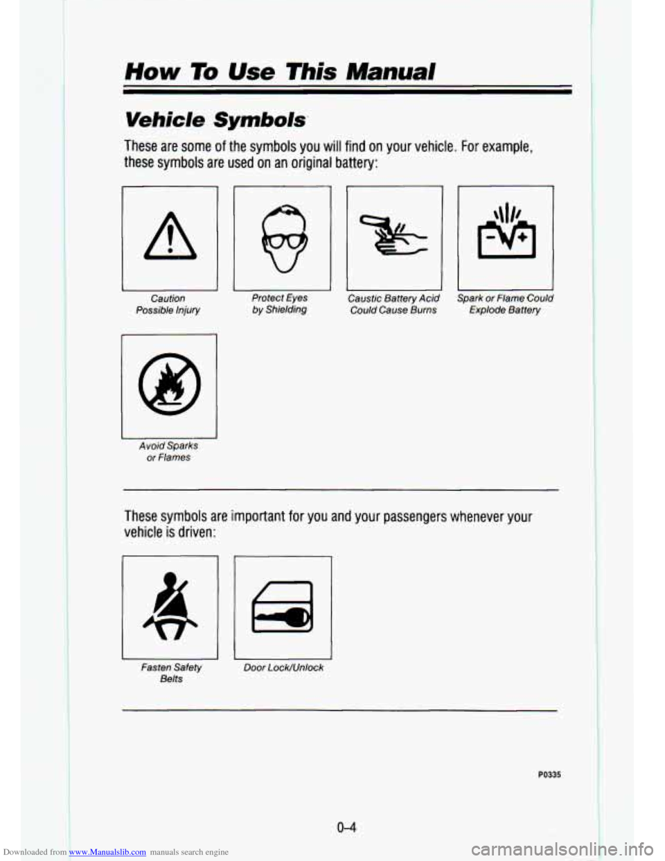 CHEVROLET S10 1993 2.G User Guide Downloaded from www.Manualslib.com manuals search engine How To Use This Manual 
Vehicle Symbols, 
These  are  some of the  symbols  you  will  find on  your  vehicle. For example, 
these  symbols 
ar
