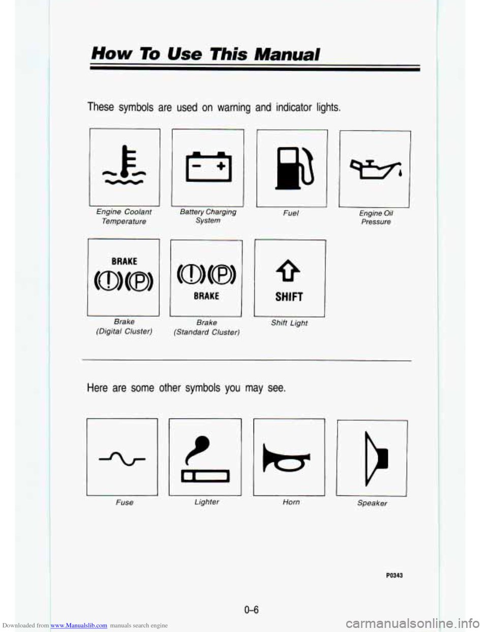 CHEVROLET S10 1993 2.G Owners Manual Downloaded from www.Manualslib.com manuals search engine How To Use This Manual 
These  symbols  are  used  on  warning  and  indicator  lights. 
Engine  Coolant Temperature 
BRAKE 
Brake 
(Digital  C