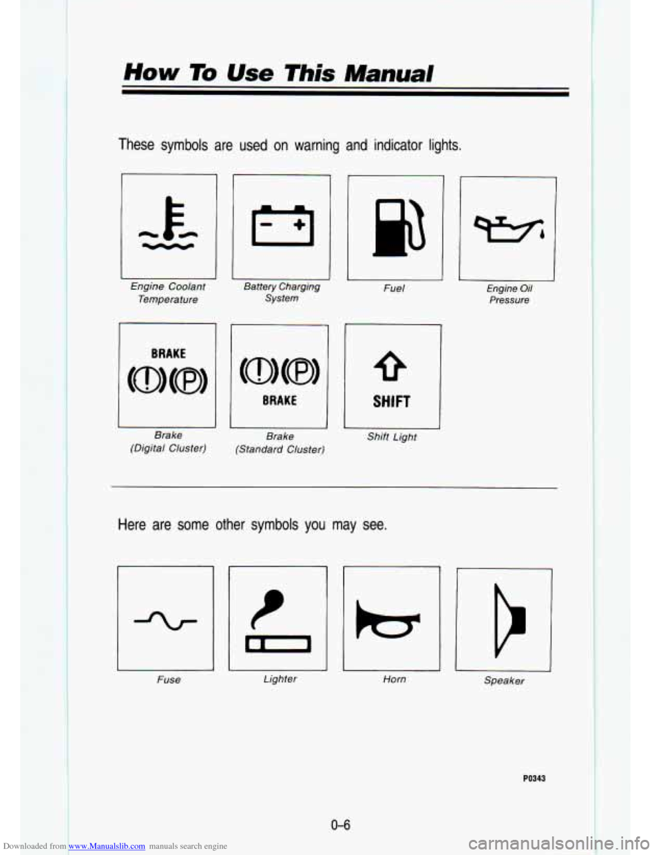CHEVROLET S10 1993 2.G User Guide Downloaded from www.Manualslib.com manuals search engine How To Use This Manual 
These  symbols  are  used  on  warning  and  indicator  lights. 
Engine  Coolant Temperature 
BRAKE 
Brake 
(Digital  C