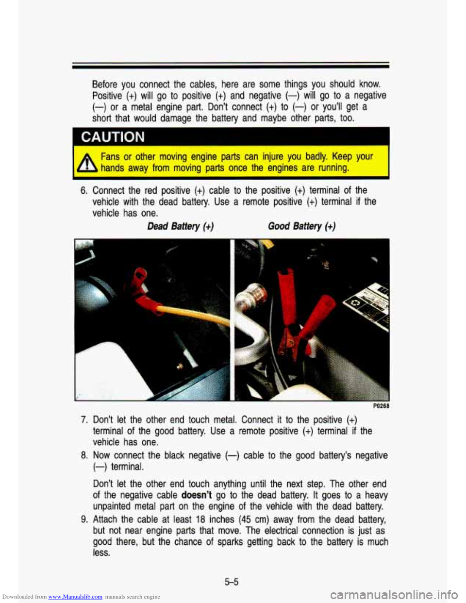 CHEVROLET S10 1993 2.G Owners Manual Downloaded from www.Manualslib.com manuals search engine CAUTION
Before you connect the cables, here are some things you should\
know. Positive
(t) will go to positive (t) and negativ CHEVROLET S10 1993 2.G Owners Manual Downloaded from www.Manualslib.com manuals search engine CAUTION
Before you connect the cables, here are some things you should\
know. Positive
(t) will go to positive (t) and negativ
