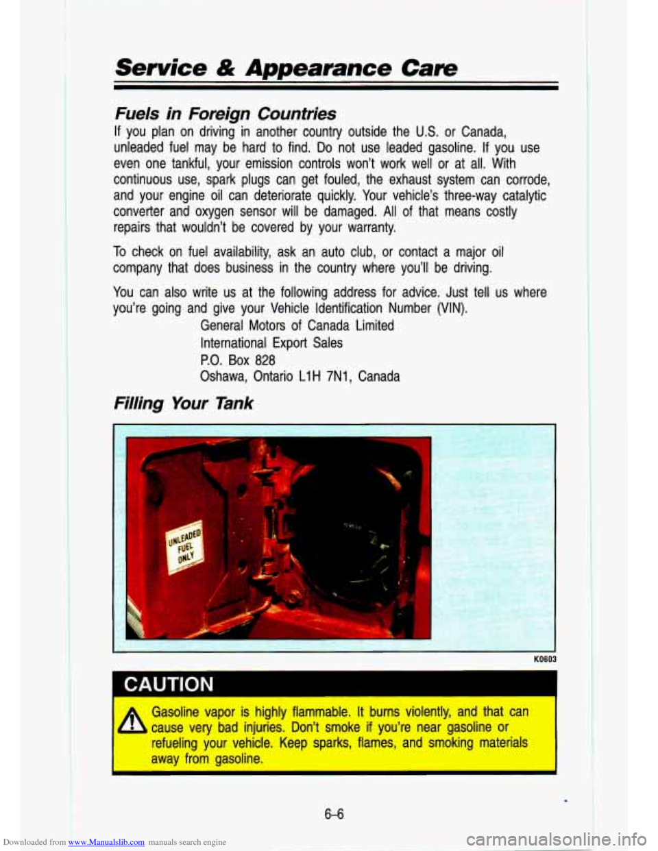CHEVROLET S10 1993 2.G Owners Manual Downloaded from www.Manualslib.com manuals search engine Service & Appearance Care 
Fuels  in  Foreign  Countries 
If you  plan  on  driving  in  another  country  outside  the US. or  Canada, 
unlead