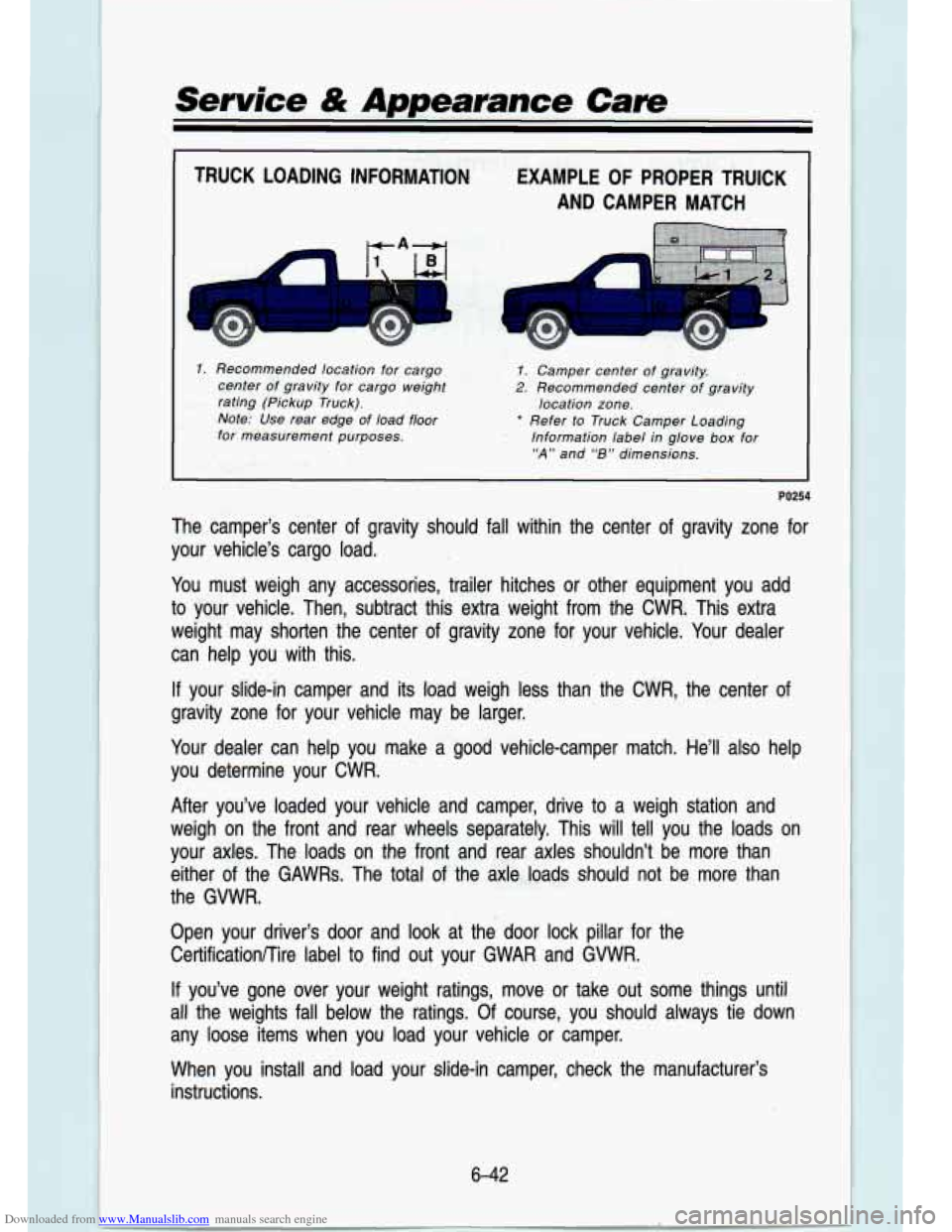 CHEVROLET S10 1993 2.G Owners Manual Downloaded from www.Manualslib.com manuals search engine I
Service & Appearance Care
TRUCK LOADING INFORMATION EXAMPLE OF PROPER TRUICK
AND CAMPER MATCH
1. Recommended location for cargo CHEVROLET S10 1993 2.G Owners Manual Downloaded from www.Manualslib.com manuals search engine I
Service & Appearance Care
TRUCK LOADING INFORMATION EXAMPLE OF PROPER TRUICK
AND CAMPER MATCH
1. Recommended location for cargo