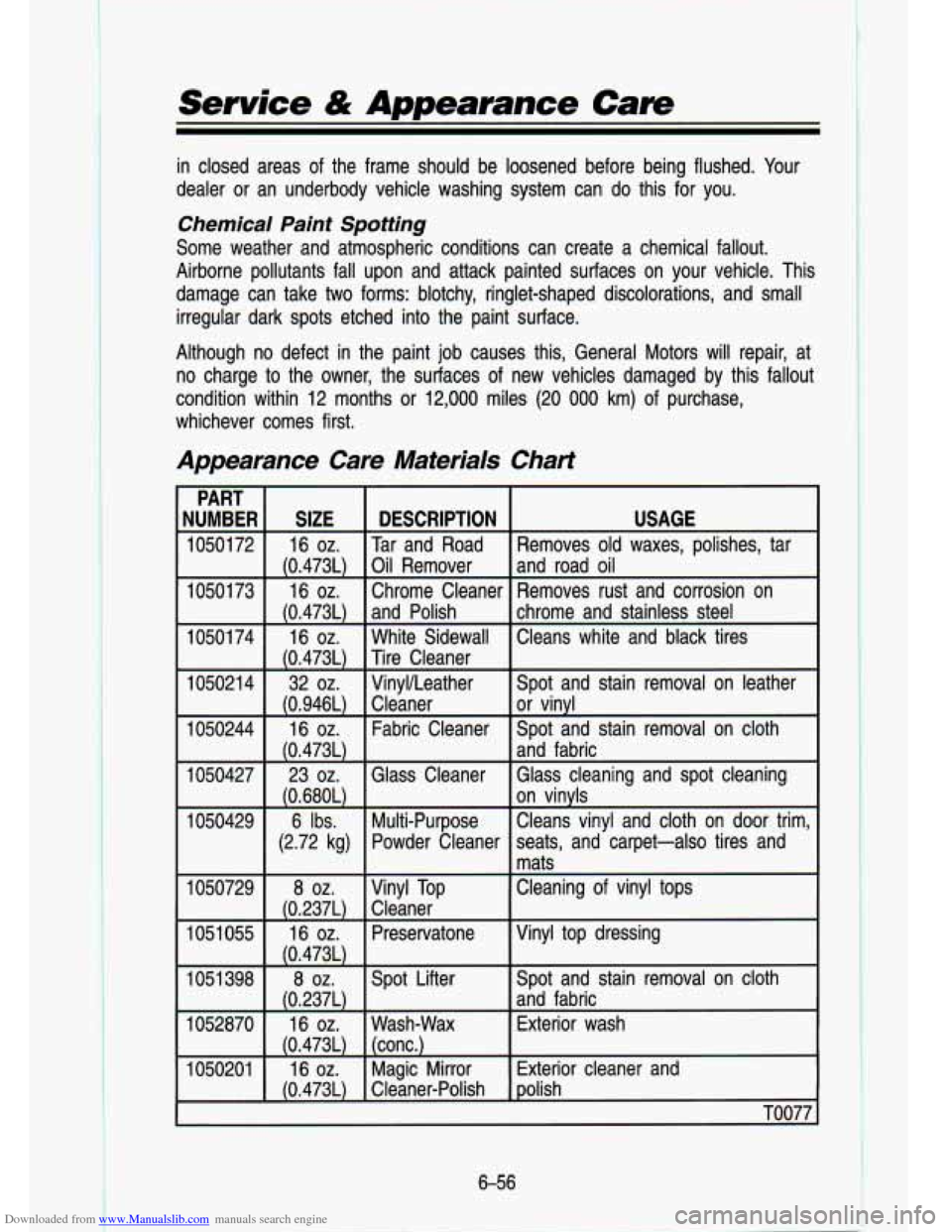 CHEVROLET S10 1993 2.G Owners Manual Downloaded from www.Manualslib.com manuals search engine Service & Appearance Care 
in closed  areas  of the  frame  should  be  loosened  before  being  flushed.  Your 
dealer  or  an  underbody  veh