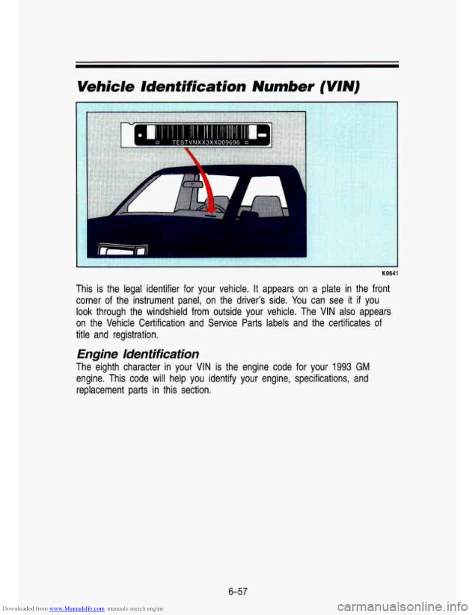 CHEVROLET S10 1993 2.G Owners Manual Downloaded from www.Manualslib.com manuals search engine Vehicle  Identification Number (VIN) 
KO641 
This is  the  legal  identifier  for  your  vehicle. It appears  on  a  plate  in the  front 
corn