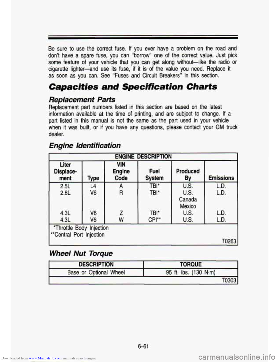 CHEVROLET S10 1993 2.G Owners Manual Downloaded from www.Manualslib.com manuals search engine Be  sure to use  the  correct  fuse. If you  ever  have  a  problem  on  the  road  and 
don’t  have  a  spare  fuse,  you  can  “borrow”