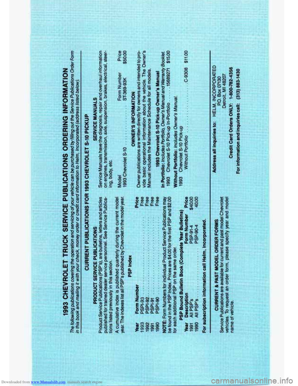 CHEVROLET S10 1993 2.G Owners Manual Downloaded from www.Manualslib.com manuals search engine   
