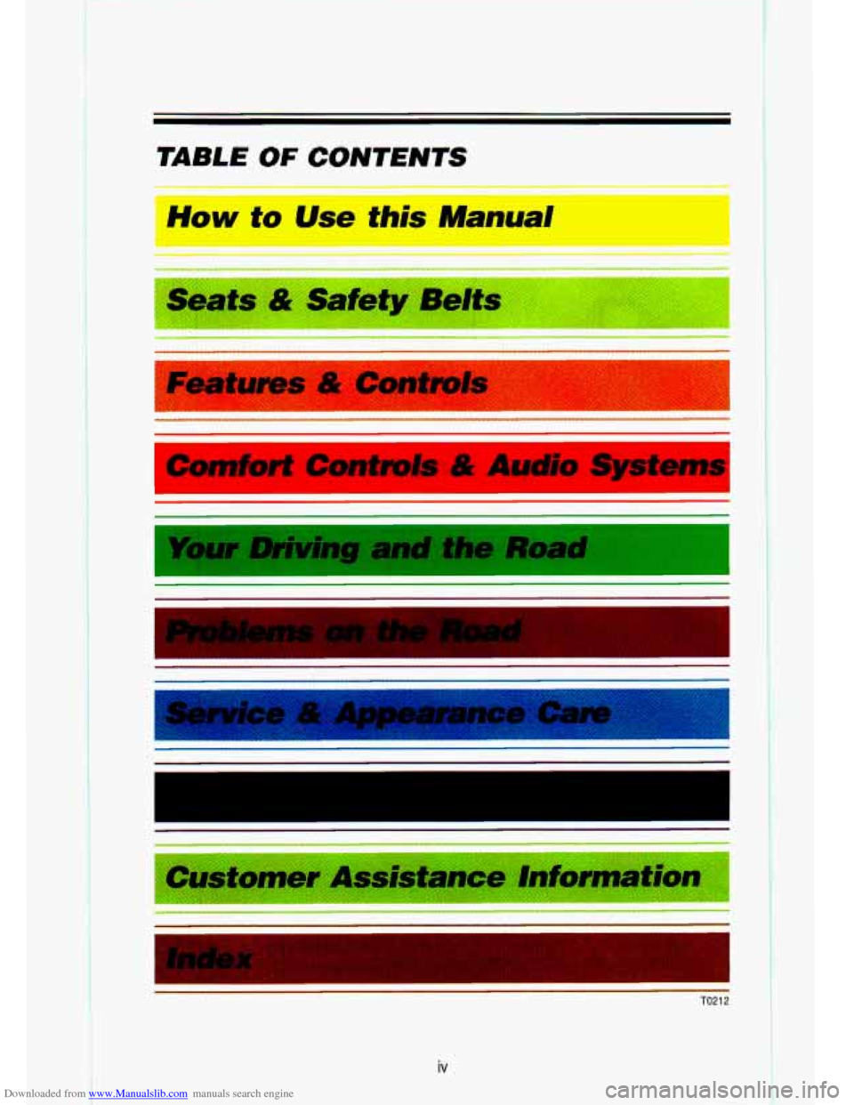 CHEVROLET S10 1993 2.G Owners Manual Downloaded from www.Manualslib.com manuals search engine ,. -. 
TABLE OF CONT€NTS 
How to Use this Manual 
Comfort Confmls & Audio Sysfems 
TO21 2 
iv   