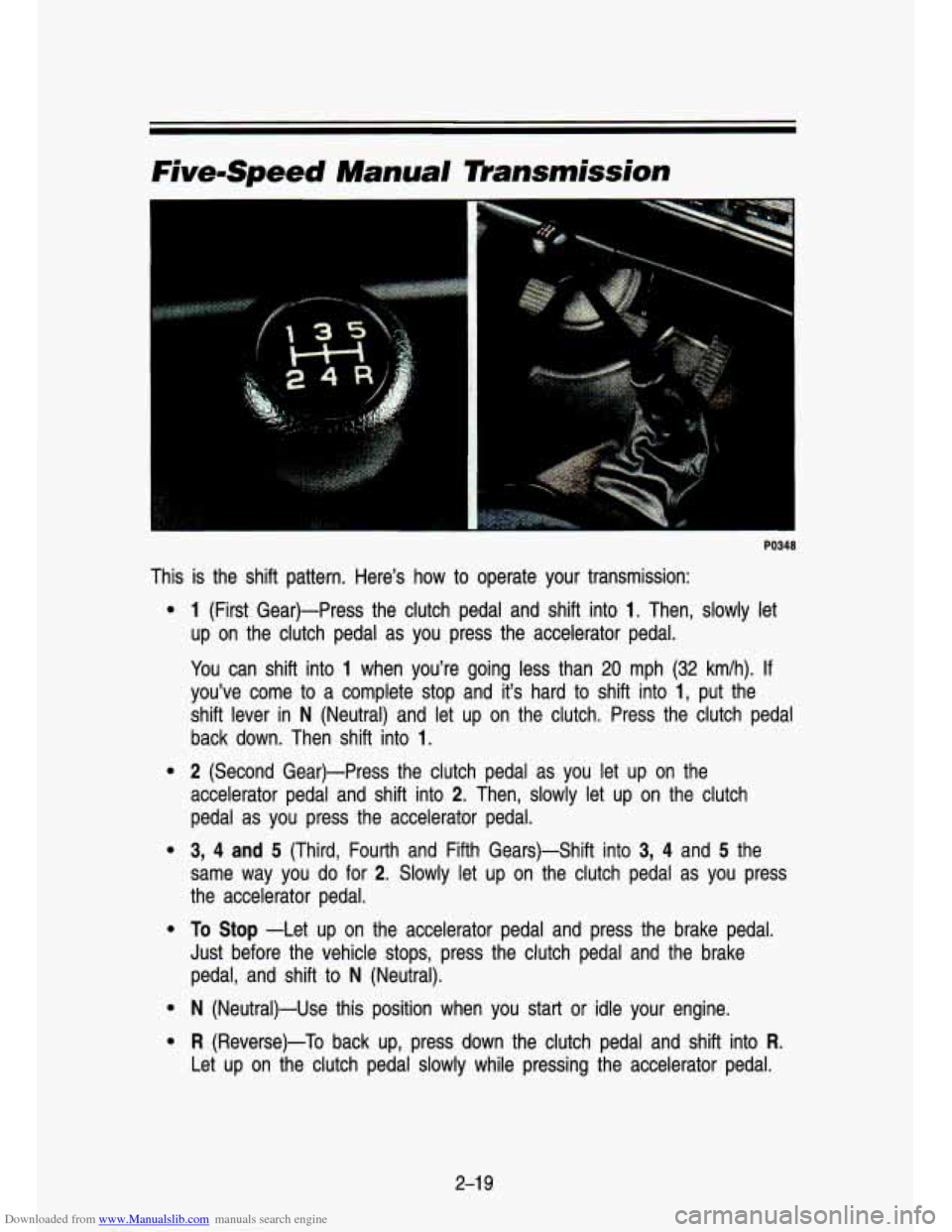 CHEVROLET S10 1993 2.G Manual PDF Downloaded from www.Manualslib.com manuals search engine FivemSpeed Manual Transmission 
PO348 
This is the  shift  pattern.  Here’s  how  to  operate  your  transmission: 
e 
e 
e 
e 
e 
e 
1 (Firs