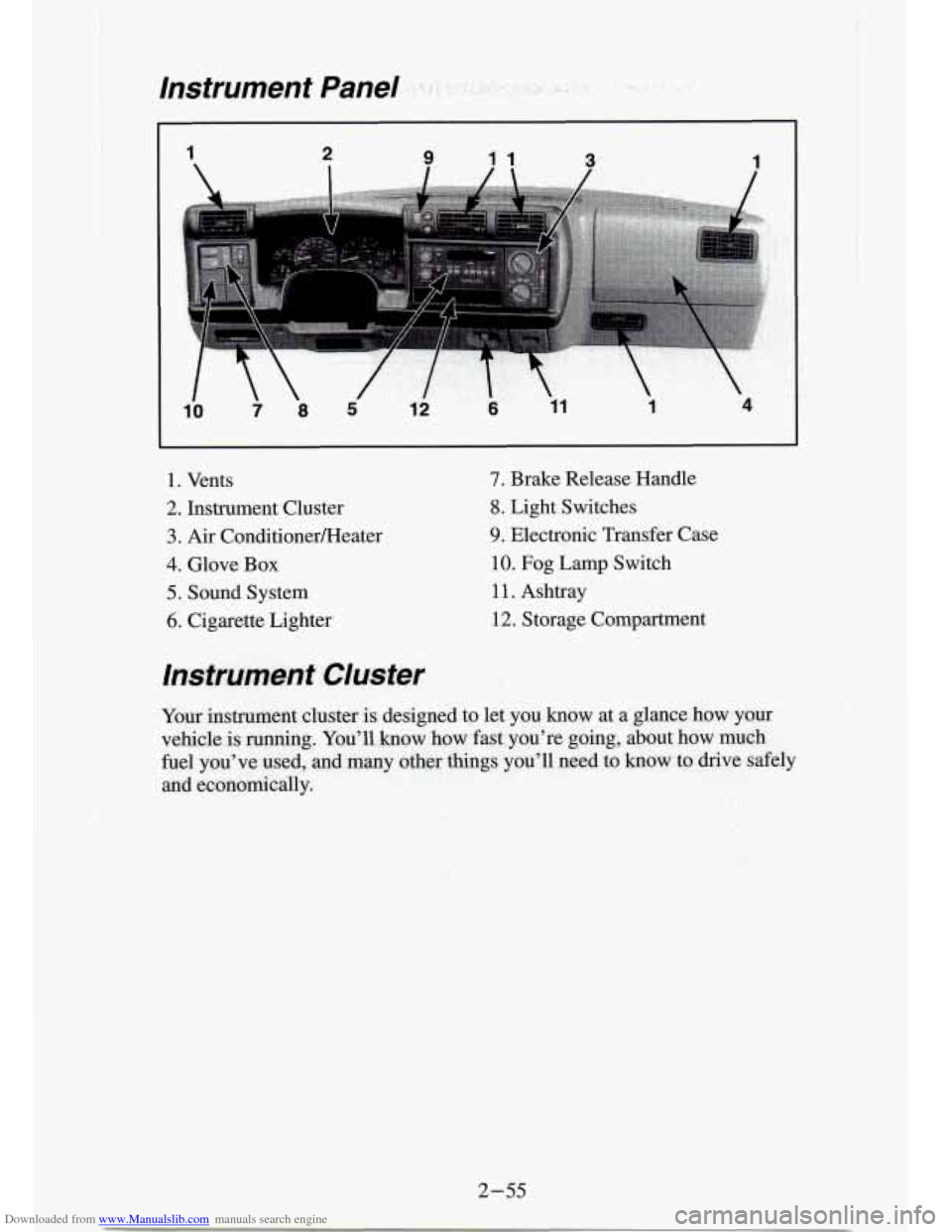 CHEVROLET S10 1994 2.G Owners Manual Downloaded from www.Manualslib.com manuals search engine Instrument Panel ~ . -, .
1. Vents
2. Instrument Cluster
3. Air ConditionerFteater
4. Glove Box
5. Sound System
6. Cigarette Lighter CHEVROLET S10 1994 2.G Owners Manual Downloaded from www.Manualslib.com manuals search engine Instrument Panel ~ . -, .
1. Vents
2. Instrument Cluster
3. Air ConditionerFteater
4. Glove Box
5. Sound System
6. Cigarette Lighter