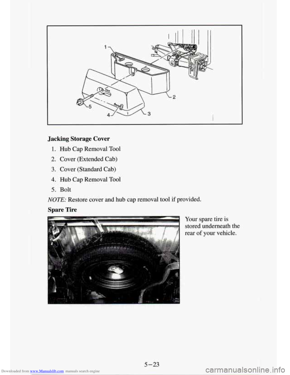 CHEVROLET S10 1994 2.G Owners Manual Downloaded from www.Manualslib.com manuals search engine Jacking  Storage  Cover 
1. Hub  Cap  Removal Tool 
2. Cover  (Extended  Cab) 
3. Cover  (Standard  Cab) 
4. Hub  Cap  Removal  Tool 
5. Bolt 
