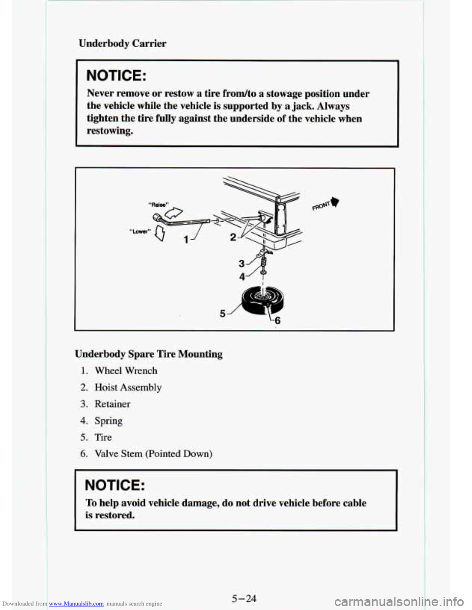 CHEVROLET S10 1994 2.G Owners Manual Downloaded from www.Manualslib.com manuals search engine Underbody  Carrier 
NOTICE: 
Never remove or restow  a  tire from/to a stowage position  under 
the  vehicle  while  the vehicle  is supported 