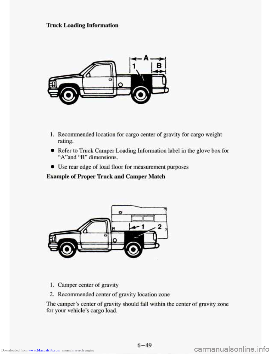 CHEVROLET S10 1994 2.G Owners Manual Downloaded from www.Manualslib.com manuals search engine Truck Loading Information
1. Recommended location for cargo center of gravity for cargo weight
Refer to Truck Camper Loading Info CHEVROLET S10 1994 2.G Owners Manual Downloaded from www.Manualslib.com manuals search engine Truck Loading Information
1. Recommended location for cargo center of gravity for cargo weight
Refer to Truck Camper Loading Info