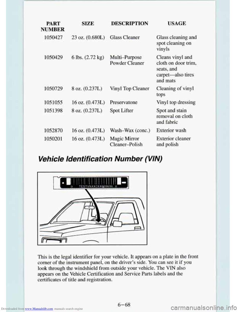 CHEVROLET S10 1994 2.G Owners Manual Downloaded from www.Manualslib.com manuals search engine PART
NUMBER
1050427
SIZE DESCRIPTION
23 oz. (0.680L) Glass Cleaner
1050429 6 lbs. (2.72 kg) Multi-Purpose Powder Cleaner
1050729 CHEVROLET S10 1994 2.G Owners Manual Downloaded from www.Manualslib.com manuals search engine PART
NUMBER
1050427
SIZE DESCRIPTION
23 oz. (0.680L) Glass Cleaner
1050429 6 lbs. (2.72 kg) Multi-Purpose Powder Cleaner
1050729