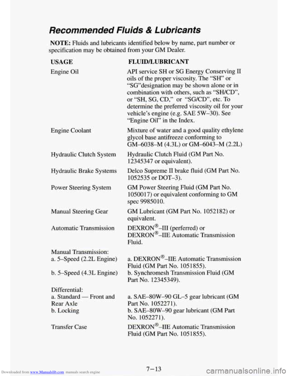 CHEVROLET S10 1994 2.G Owners Manual Downloaded from www.Manualslib.com manuals search engine Recommended Fluids & Lubricants
NOTE: Fluids and lubricants identified below by name, part number or
specification may be obtaine CHEVROLET S10 1994 2.G Owners Manual Downloaded from www.Manualslib.com manuals search engine Recommended Fluids & Lubricants
NOTE: Fluids and lubricants identified below by name, part number or
specification may be obtaine
