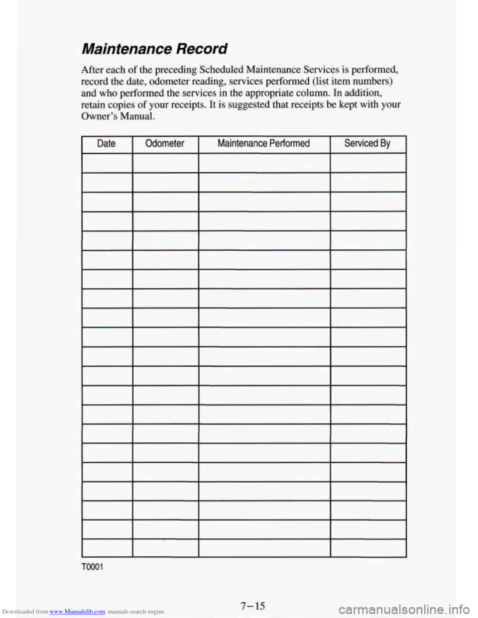 CHEVROLET S10 1994 2.G Owners Manual Downloaded from www.Manualslib.com manuals search engine Maintenance Record
After each of the preceding Scheduled Maintenance Services is performed,
record the date, odometer reading, serv CHEVROLET S10 1994 2.G Owners Manual Downloaded from www.Manualslib.com manuals search engine Maintenance Record
After each of the preceding Scheduled Maintenance Services is performed,
record the date, odometer reading, serv