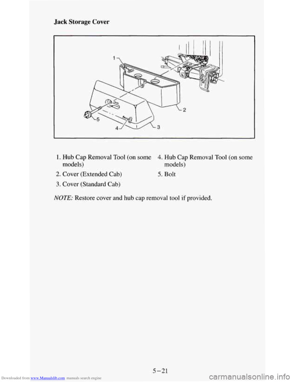CHEVROLET S10 1995 2.G Owners Manual Downloaded from www.Manualslib.com manuals search engine Jack Storage Cover 
1. Hub Cap Removal  Tool (on some 4. Hub Cap Removal  Tool (on some 
2. Cover (Extended  Cab) 5. Bolt 
3. Cover  (Standard 