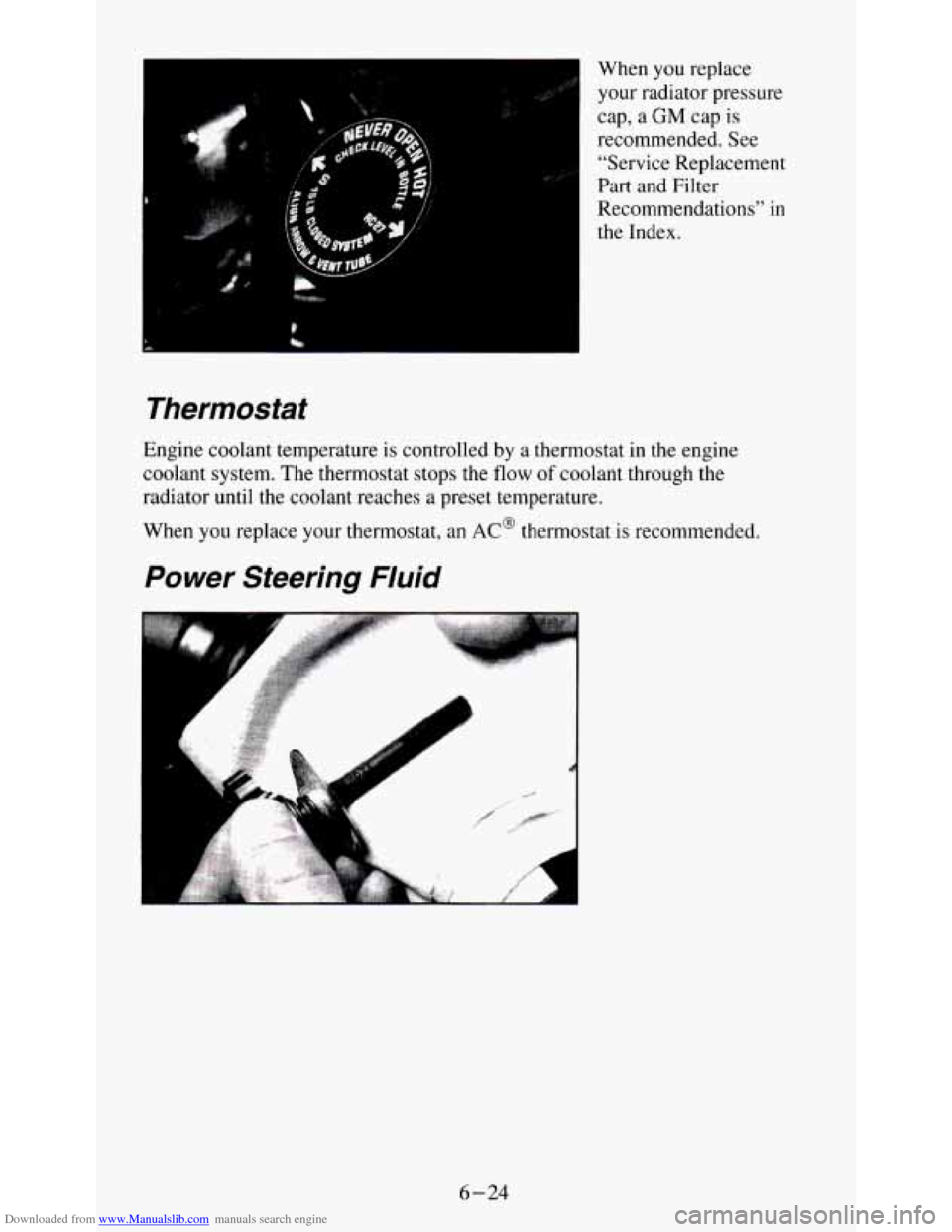 CHEVROLET S10 1995 2.G Owners Manual Downloaded from www.Manualslib.com manuals search engine When you replace
your radiator pressure
cap, a
GM cap is
recommended. See
"Service Replacement
Part and Filter
Recommendations" CHEVROLET S10 1995 2.G Owners Manual Downloaded from www.Manualslib.com manuals search engine When you replace
your radiator pressure
cap, a
GM cap is
recommended. See
"Service Replacement
Part and Filter
Recommendations"