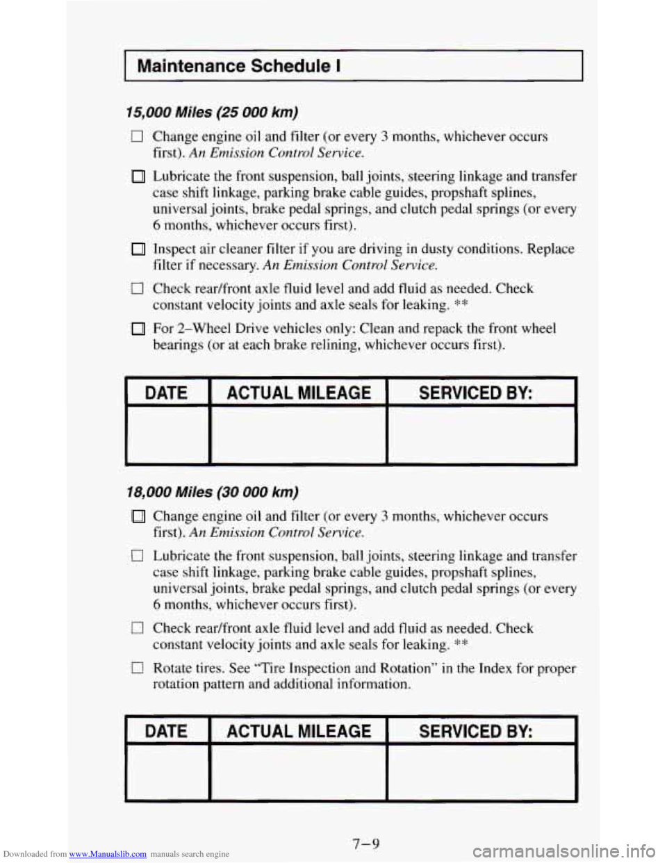 CHEVROLET S10 1995 2.G Owners Manual Downloaded from www.Manualslib.com manuals search engine I Maintenance Schedule I
15,000 Miles (25 000 km)
0
0
Change engine oil and filter (or every 3 months, whichever occurs
first).
An Emiss CHEVROLET S10 1995 2.G Owners Manual Downloaded from www.Manualslib.com manuals search engine I Maintenance Schedule I
15,000 Miles (25 000 km)
0
0
Change engine oil and filter (or every 3 months, whichever occurs
first).
An Emiss